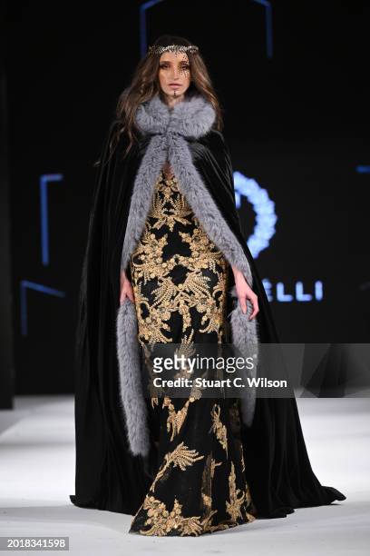 Model walks the runway for Tykorchelli at the House of iKons show during London Fashion Week February on February 17, 2024 in London, England.