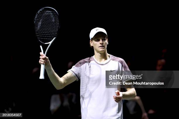 Jannik Sinner of Italy celebrates winning against Tallon Griekspoor of Netherlands during their semi final match on day 6 of the ABN AMRO Open at...