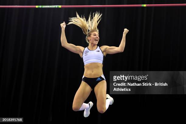 Molly Caudery of Great Britain celebrates after equalling the national record during the Women's Pole Vault Final on day one of the Microplus UK...