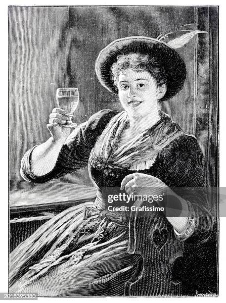junge bayerische frau, die ein glas wein oder bier auf jemanden erhebt gravur 1894 - bayerischer wald stock-grafiken, -clipart, -cartoons und -symbole