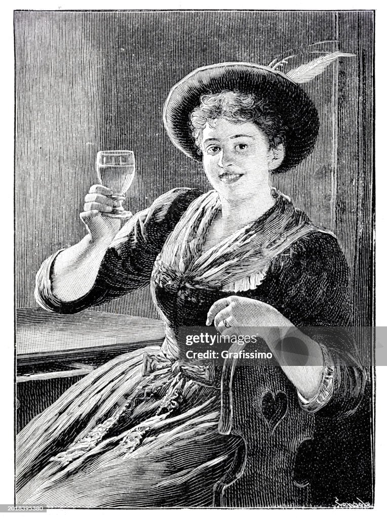 Young bavarian woman raising glass of wine or beer to someone engraving 1894