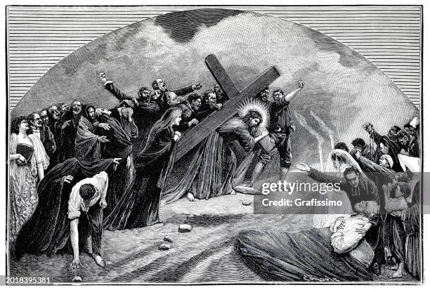 illustrations, cliparts, dessins animés et icônes de via crucis - chemin de croix - jésus portant la croix gravure 1894 - croix religieuse