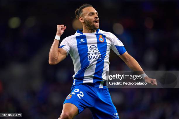 Martin Braithwaite of RCD Espanyol celebrates after scoring his teams opening goal during the LaLiga Hypermotion match between RCD Espanyol and CD...