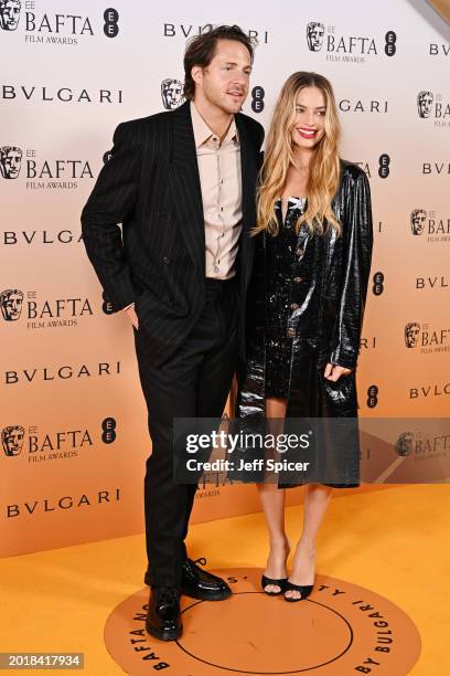 Tom Ackerley and Margot Robbie attend the EE BAFTA Film Awards 2024 Nominees' Party, Supported By Bulgari at The National Gallery on February 17,...