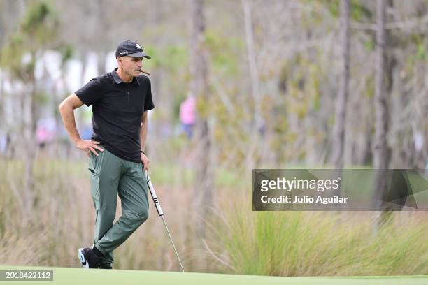 Rocco Mediate of the United States looks on from the third green during the second round of the Chubb Classic at Tiburon Golf Club on February 17,...