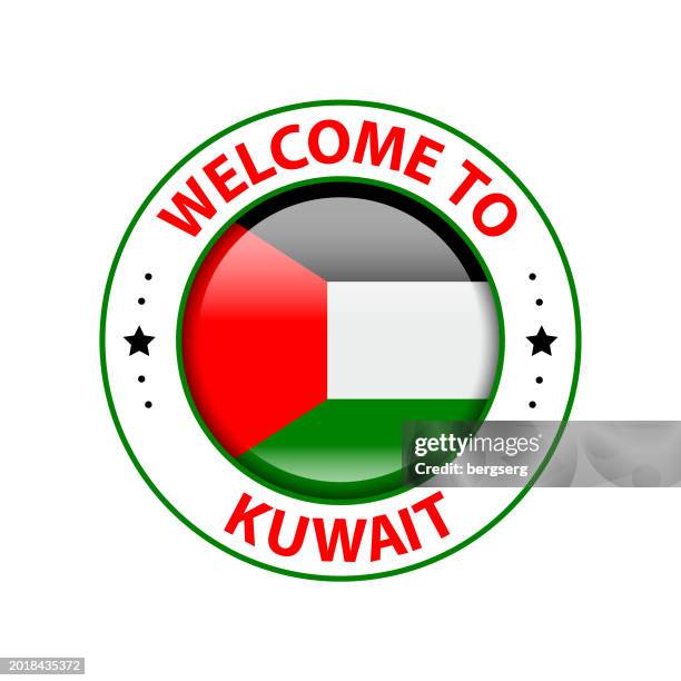 vector stamp. welcome to kuwait. glossy icon with national flag. seal template - certificate border stock illustrations