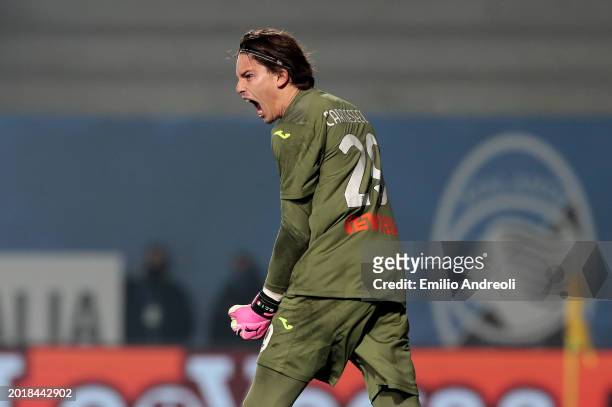 Marco Carnesecchi of Atalanta BC celebrates after saving the penalty attempt from Andrea Pinamonti of US Sassuolo during the Serie A TIM match...