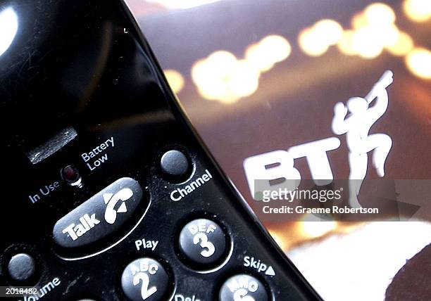 British Telecom handset and the BT logo is seen May 21, 2003 in London. Telecommunications company BT will announce full year results May 22 after...