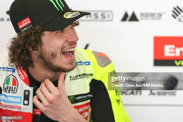 Marco Bezzecchi of Italy and Pertamina Enduro VR46 Racing Team in the garage during Day Two of the Qatar MotoGP Official Test at Losail Circuit on...