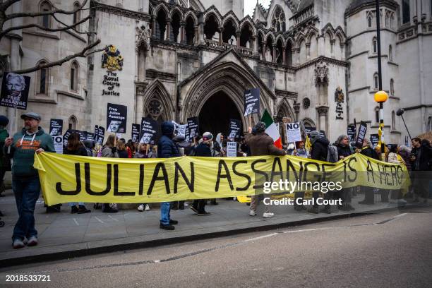 Supporters gather outside the High Court during speeches by friends and family of Julian Assange on February 20, 2024 in London, England. The two-day...