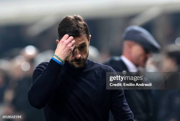 Alessio Dionisi, Head Coach of US Sassuolo, looks dejected following defeat o Atalanta BC during the Serie A TIM match between Atalanta BC and US...