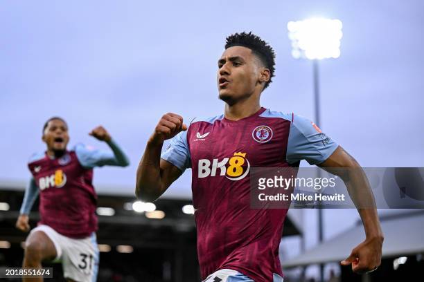 Ollie Watkins of Aston Villa celebrates after scoring during the Premier League match between Fulham FC and Aston Villa at Craven Cottage on February...