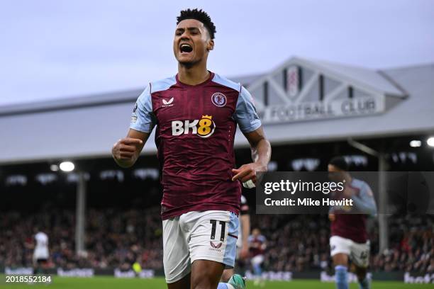 Ollie Watkins of Aston Villa celebrates after scoring during the Premier League match between Fulham FC and Aston Villa at Craven Cottage on February...