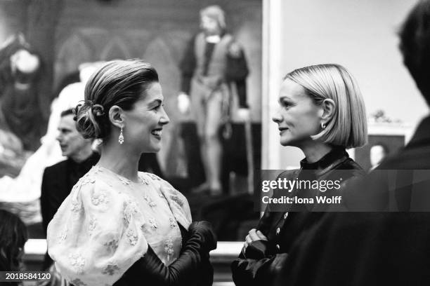 Rosamund Pike and Carey Mulligan attend the Nominees' Party for the EE BAFTA Film Awards 2024, supported by Bulgari at The National Gallery on...