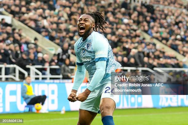 Antoine Semenyo of Bournemouth celebrates after scoring to make it 2-1 during the Premier League match between Newcastle United and AFC Bournemouth...
