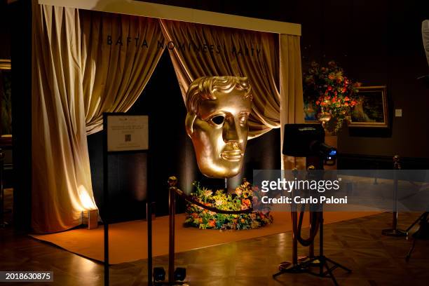 General view of the BAFTA mask at the Nominees' Party for the EE BAFTA Film Awards 2024, supported by Bulgari at The National Gallery on February 17,...