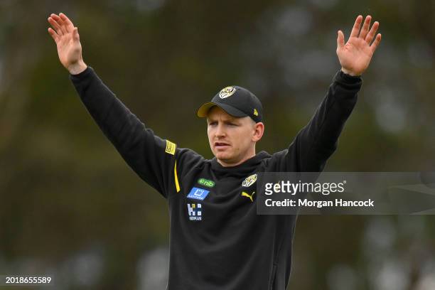 Tigers Assistant Coach, Jack Ziebell attends the warm up ahead of an AFL practice match between Melbourne Demons and Richmond Tigers at Casey Fields...