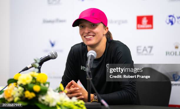 Iga Swiatek of Poland talks to the media after defeating Sloane Stephens of the United States in the second round on Day 3 of the Dubai Duty Free...