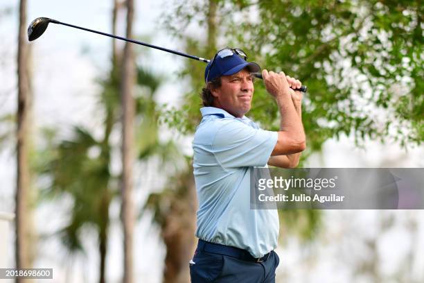 Stephen Ames of Canada plays his shot on the 18th tee during the second round of the Chubb Classic at Tiburon Golf Club on February 17, 2024 in...