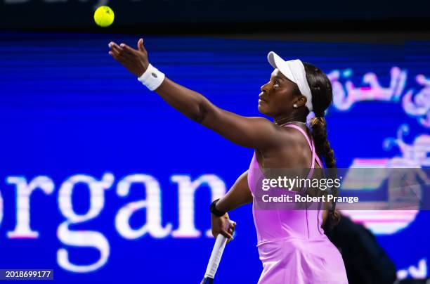 Sloane Stephens of the United States serves against Iga Swiatek of Poland in the second round on Day 3 of the Dubai Duty Free Tennis Championships,...