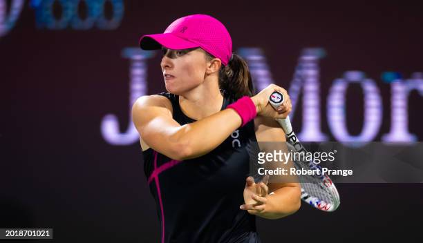 Iga Swiatek of Poland reacts after replying to Sloane Stephens of the United States in the second round on Day 3 of the Dubai Duty Free Tennis...