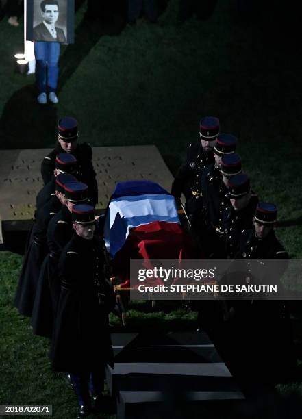 French army soldiers carry the coffin of Missak Manouchian, a hero of the French Resistance in World War II of Armenian origin who was executed by...