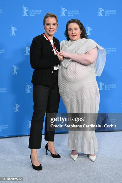 Julia von Heinz and Lena Dunham pose at the "Treasure" photocall during the 74th Berlinale International Film Festival Berlin at Grand Hyatt Hotel on...