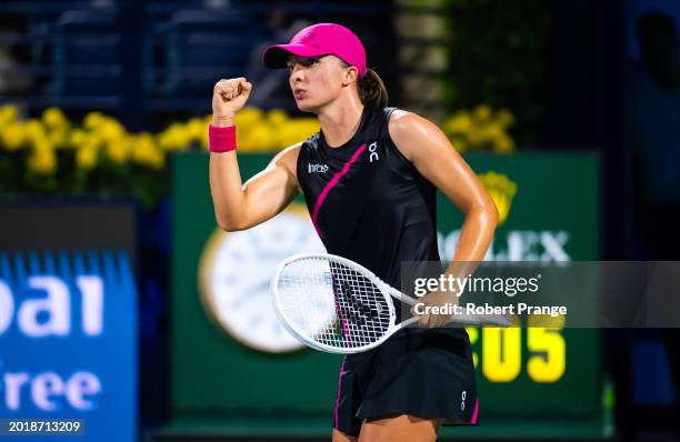 Iga Swiatek of Poland reacts in her match against Sloane Stephens of the United States in the second round on Day 3 of the Dubai Duty Free Tennis...