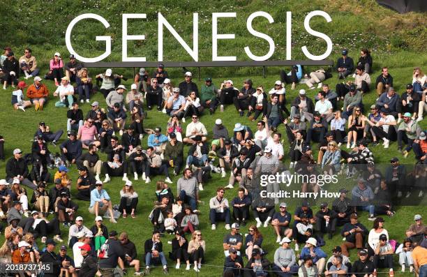 Fans watch on the 18th green during the third round of The Genesis Invitational at Riviera Country Club on February 17, 2024 in Pacific Palisades,...