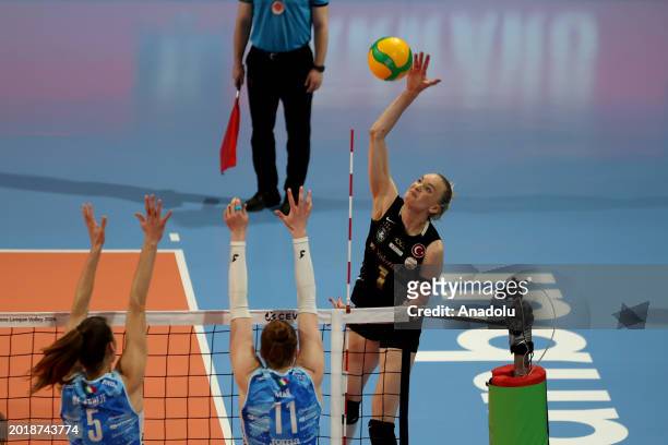 Ali Frantti of VakifBank in action against Robin De Kruijf and Isabelle Haak of Imoco Volley Conegliano during CEV Women's Champions League quarter...