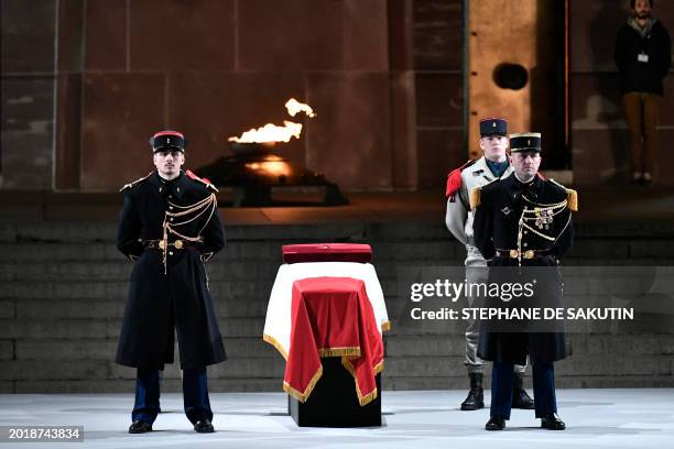 French army soldiers stand by the coffin of Missak Manouchian, a hero of the French Resistance in World War II of Armenian origin who was executed by...