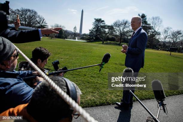 President Joe Biden speaks to members of the media on the South Lawn of the White House before boarding Marine One in Washington, DC, US, on Tuesday,...