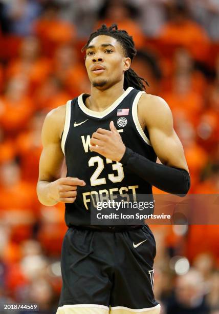 Wake Forest Demon Deacons guard Hunter Sallis looks on during a men's college basketball game between the Wake Forest Demon Deacons and the Virginia...