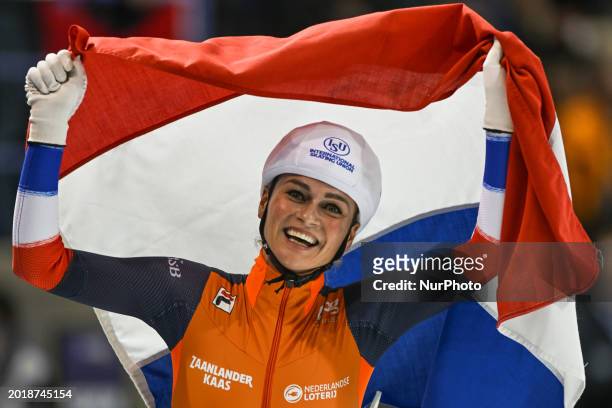 Irene Schouten of Netherlands celebrates after winning the Mass Start Women Final at the 2024 World Single Distances Speed Skating Championships, on...
