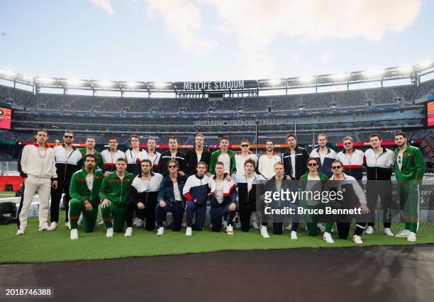 The New Jersey Devils pose for a photo prior to playing against the Philadelphia Flyers during the 2024 Navy Federal Credit Union Stadium Series at...