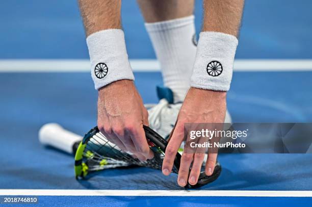 Botic Van De Zandschulp of the Netherlands is breaking his racket during his round of 32 singles match against Gael Monfils of France at the ATP...