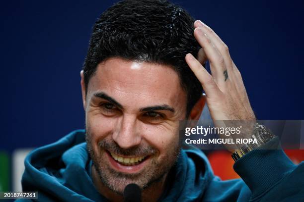 Arsenal's Spanish manager Mikel Arteta addresses a press conference on the eve of their UEFA Champions League last 16 first leg football match...