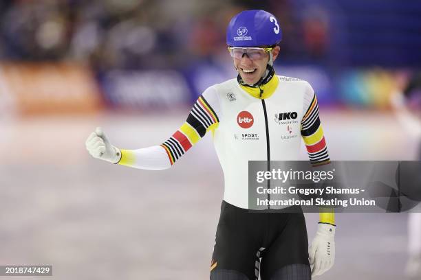 Bart Swings of Belgium celebrates winning the Men's Mass Start Final during day three of the ISU World Single Distances Speed Skating Championships...