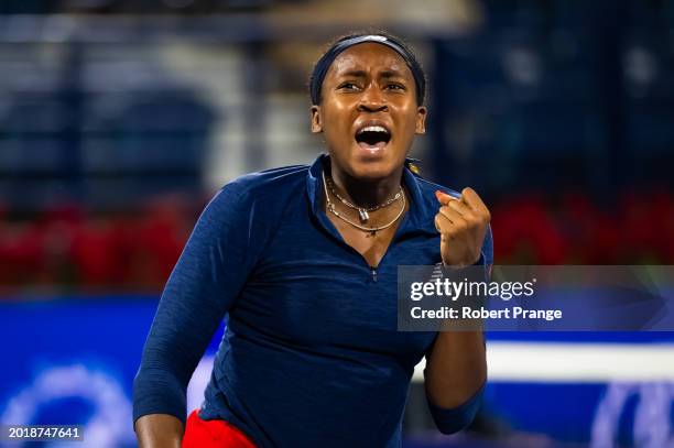 Coco Gauff of the United States in action against Elisabetta Cocciaretto of Italy in the second round on Day 3 of the Dubai Duty Free Tennis...