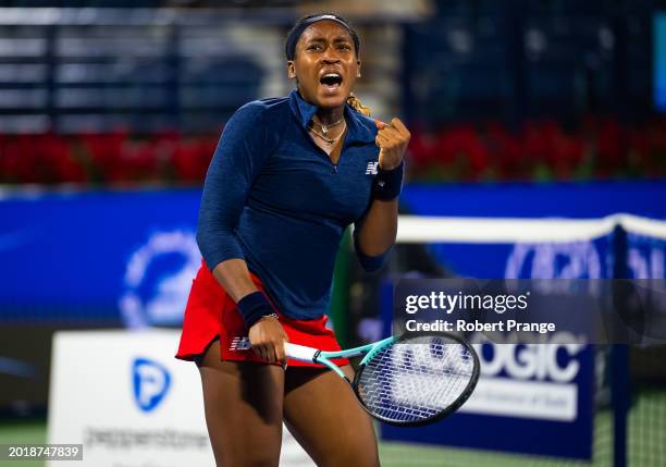 Coco Gauff of the United States in action against Elisabetta Cocciaretto of Italy in the second round on Day 3 of the Dubai Duty Free Tennis...