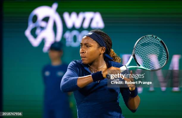 Coco Gauff of the United States in action against Elisabetta Cocciaretto of Italy in the second round on Day 3 of the Dubai Duty Free Tennis...