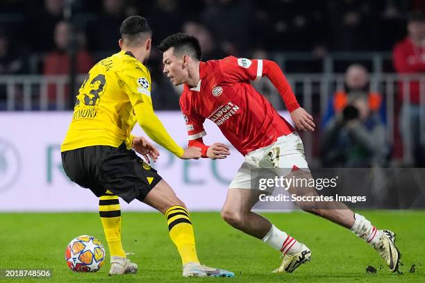 Emre Can of Borussia Dortmund, Hirving Lozano of PSV during the UEFA Champions League match between PSV v Borussia Dortmund at the Philips Stadium on...