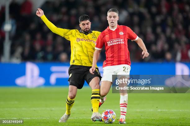 Emre Can of Borussia Dortmund, Joey Veerman of PSV during the UEFA Champions League match between PSV v Borussia Dortmund at the Philips Stadium on...