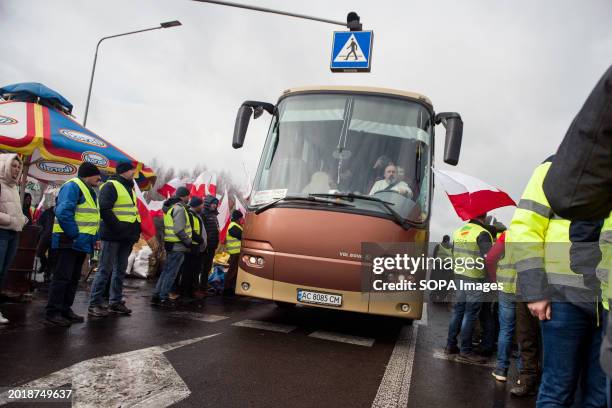 Polish farmers let through a Ukrainian bus at the Dorohusk border crossing with Ukraine. Farmers announced a general protest throughout the country...