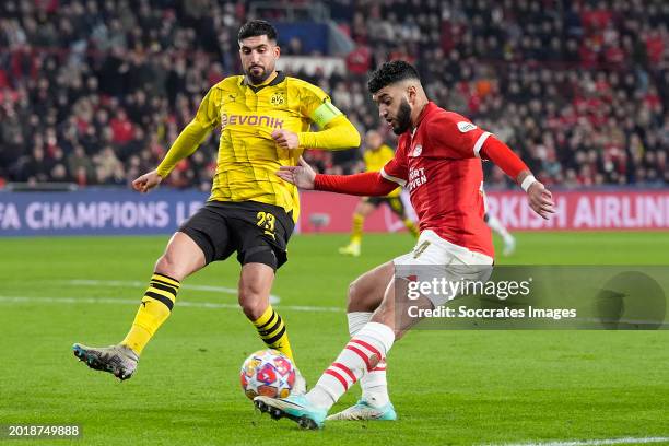 Emre Can of Borussia Dortmund, Ismael Saibari of PSV during the UEFA Champions League match between PSV v Borussia Dortmund at the Philips Stadium on...