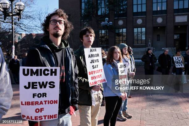Protestors rally against US President Joe Biden's unwavering support for Israel and call for a ceasfire in the Israel-Hamas conflict on the...