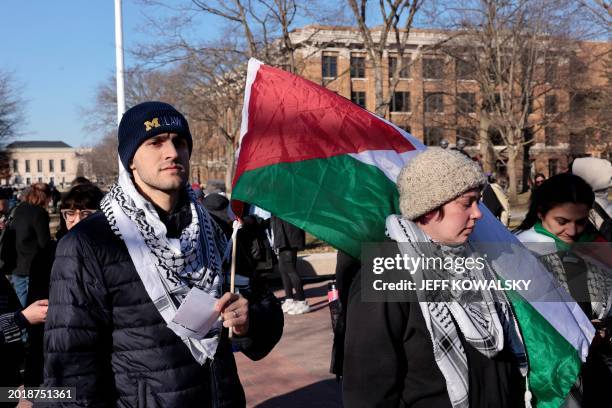 Protestors rally against US President Joe Biden's unwavering support for Israel and call for a ceasfire in the Israel-Hamas conflict on the...