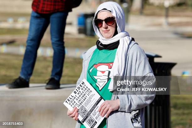 Protestors rally against US President Joe Biden's unwavering support for Israel and call for a ceasfire in the Israel-Hamas conflict on the...