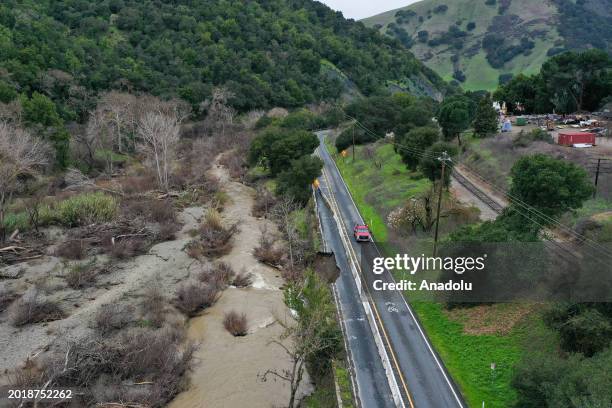 Portion of Niles Canyon Road collapses into Alameda Creek near Sunol in Alameda County during atmospheric river storm hit California, United States...