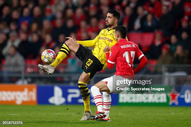 Emre Can of Borussia Dortmund, Mauro Junior of PSV during the UEFA Champions League match between PSV v Borussia Dortmund at the Philips Stadium on...